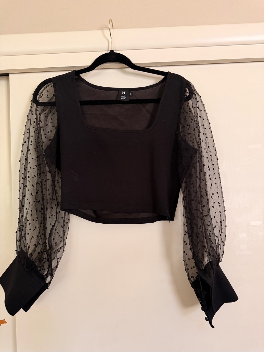 Square-Neck Black Crop Top with Sheer Dot Puff Sleeves